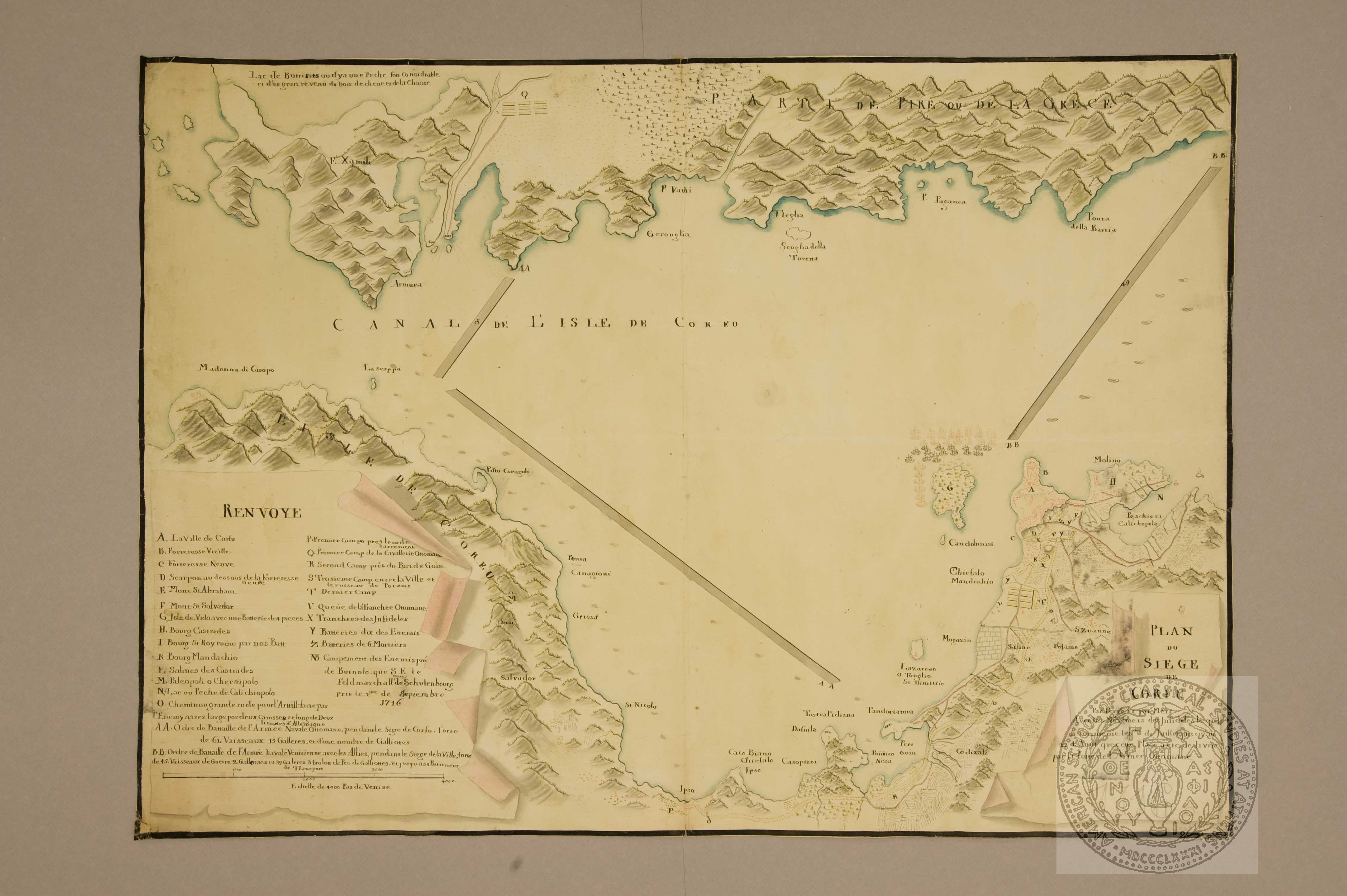 Plan du siege de Corfu par terre et par merr (sic) avec les mouvemets (sic) des Infideles le quel…